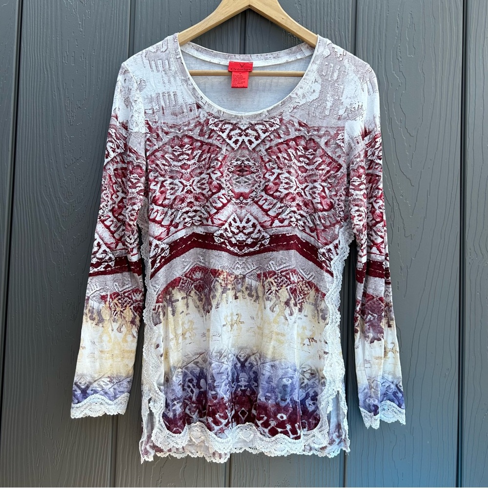 V Cristina Boho Y2K Top Long Sleeve Womens Medium Lace Trim Whimsigoth